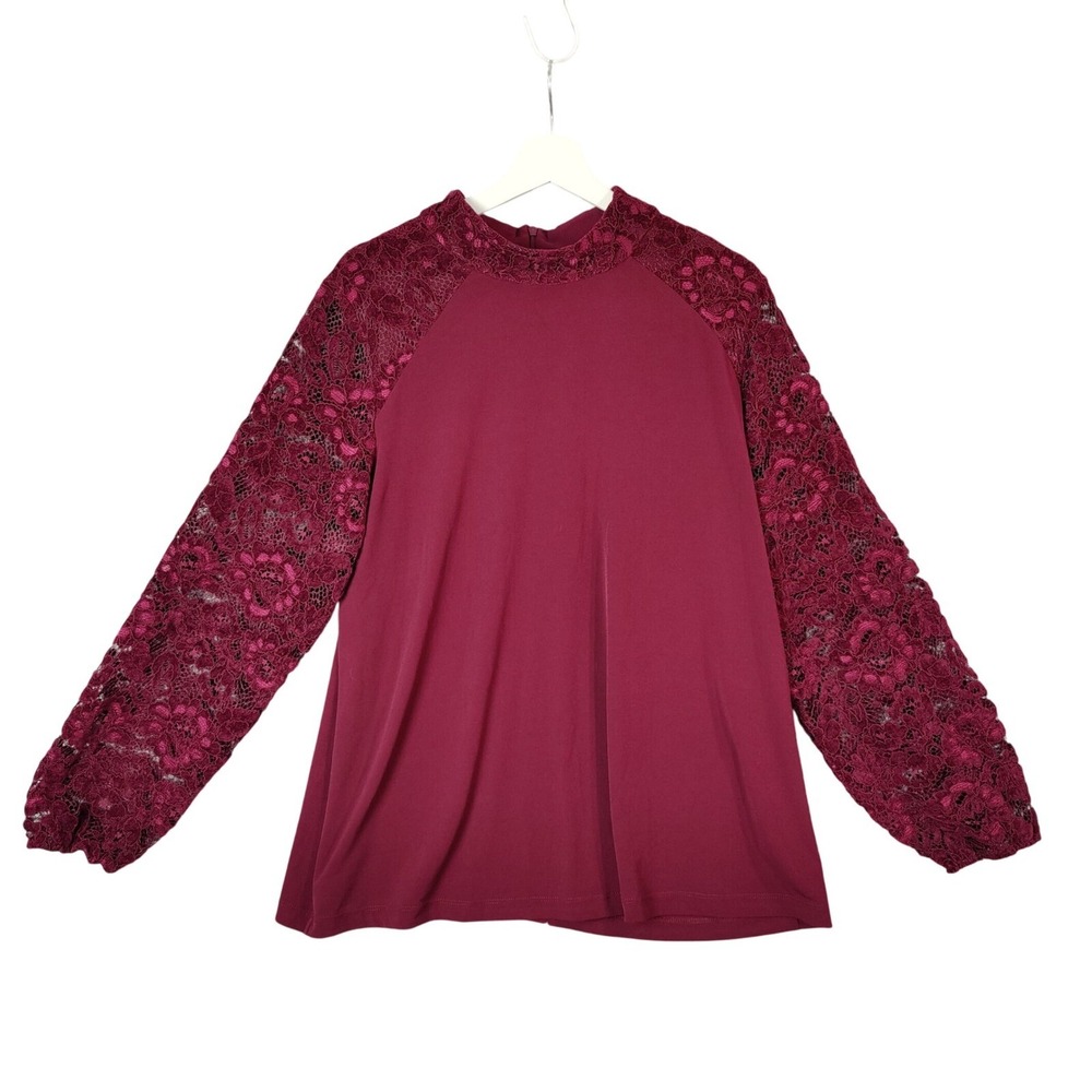 Susan Graver Women Romantic Elegant Lace Sleeve Top XL Burgundy Mock Neck Blouse
